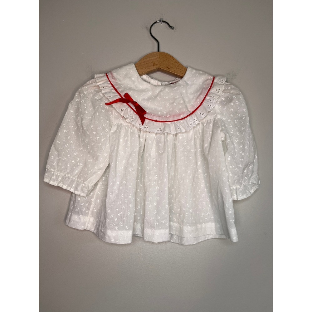 1990s Bitty Floral White Red Dainty Cottage Coquette Bow Lace Bib Shirt 3T